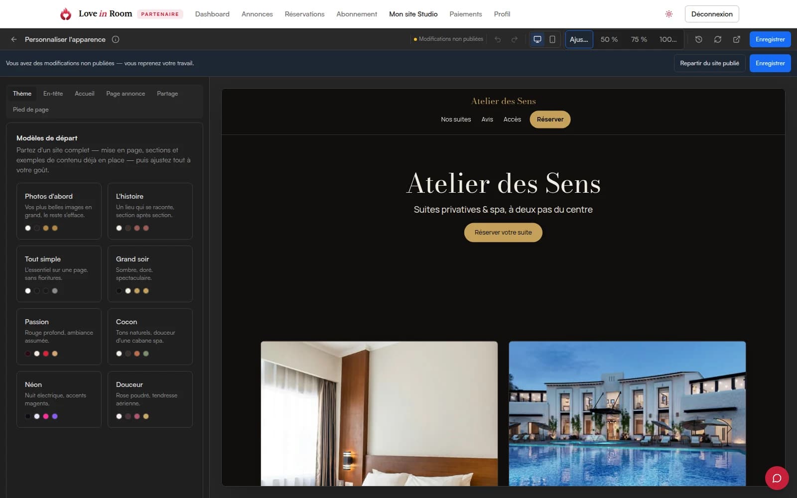 L'éditeur Studio dans l'espace partenaire : à gauche, les onglets de réglage et la liste des modèles de départ ; à droite, l'aperçu du site ; en haut, les boutons pour annuler, rétablir, changer d'affichage et enregistrer.