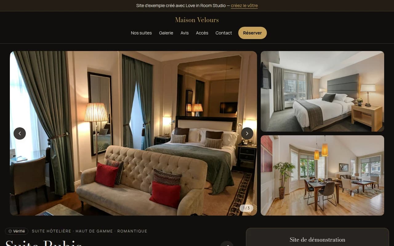 Page d'un hébergement sur le site de démonstration : une grande photo de la chambre, deux vignettes et des flèches pour faire défiler la galerie.